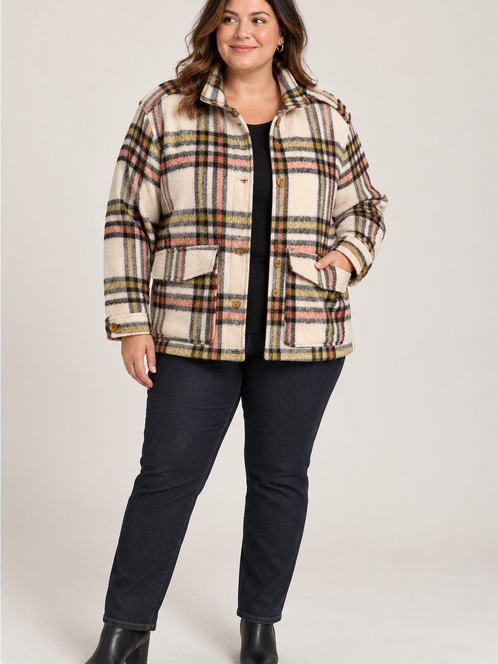 Bagatelle Collection Plaid Jacket Women’s 1X Cream Pink Black